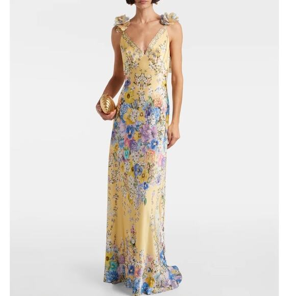 Camilla Dresses & Skirts - Camilla Embellished floral ruffled silk satin maxi dress NWT